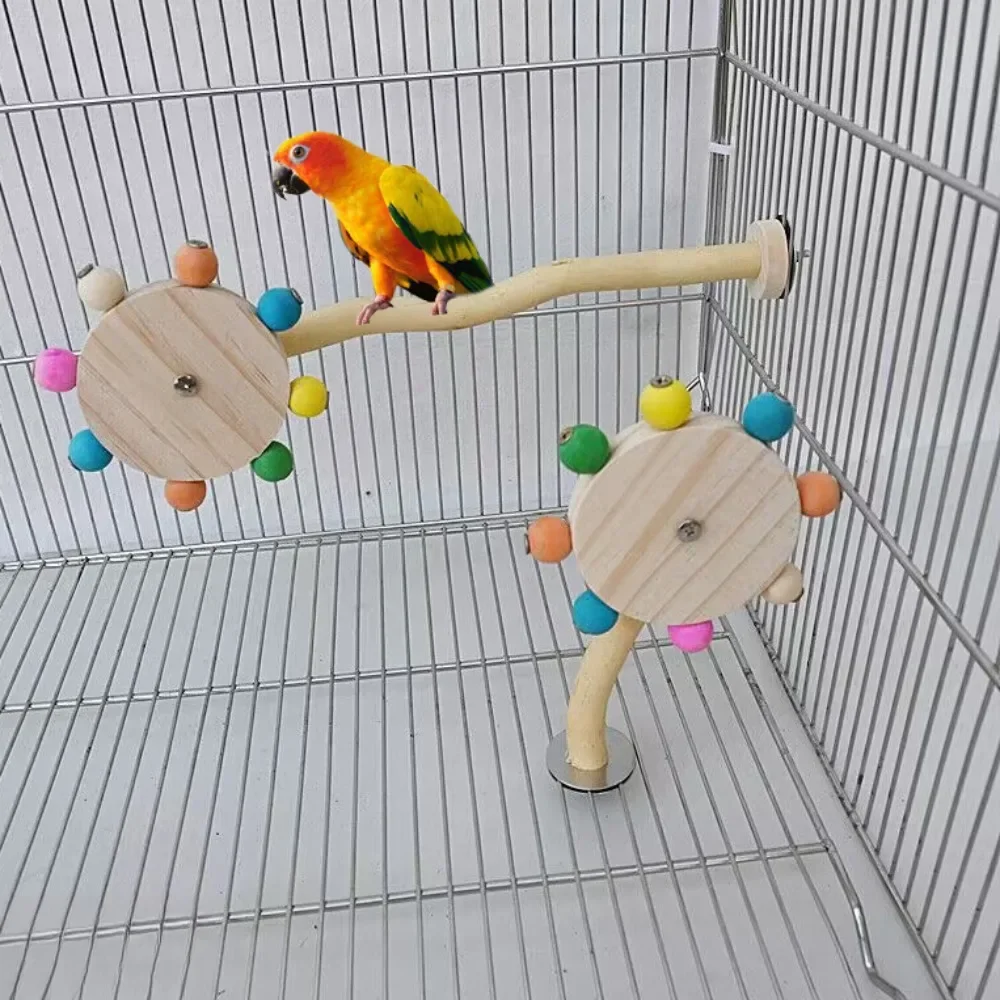 Funny Perch Toy with Rotating Balls Wood Interactive Bird Stand Colorful Parrot Foraging Toy Rotating Windmill Toy for Lovebirds