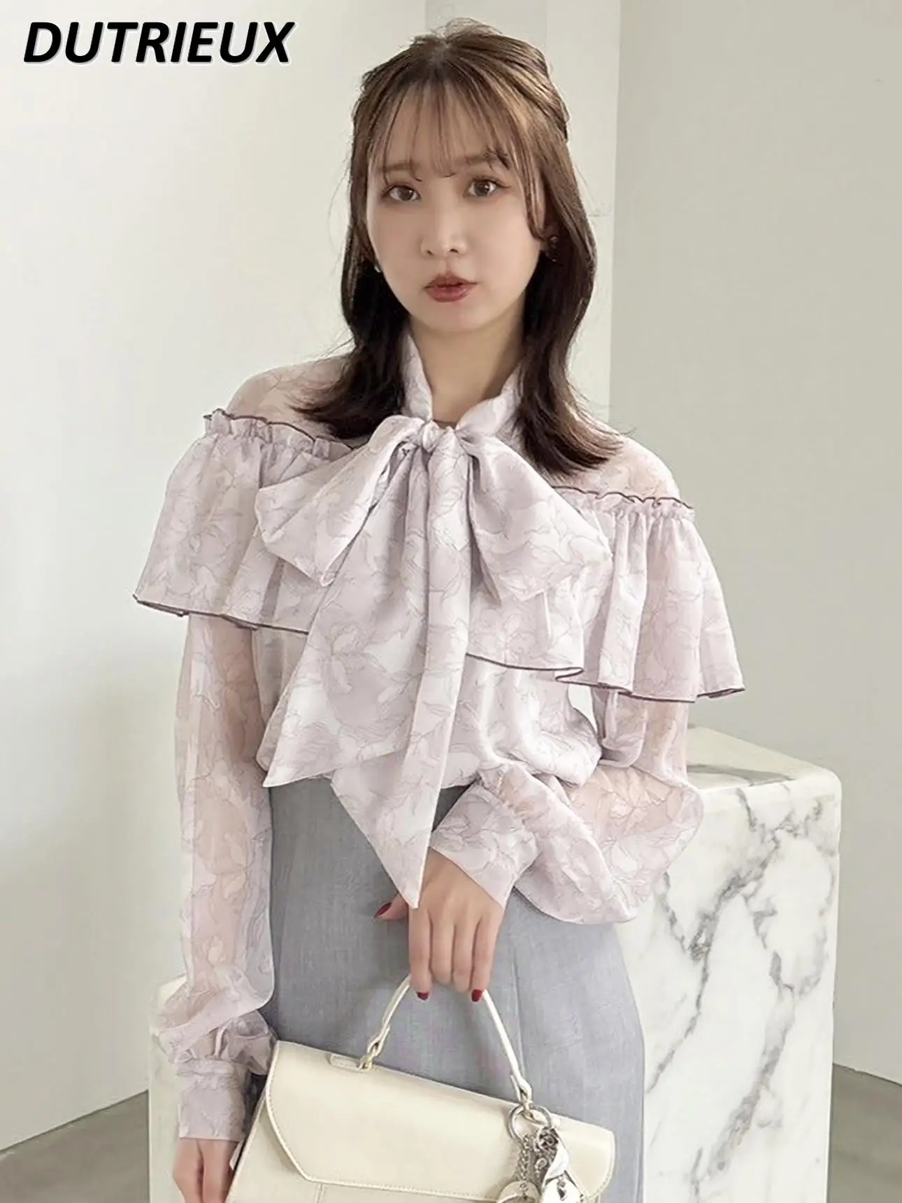 일본 봄, 가을 새로운 달콤한 연꽃 잎 가장자리 인쇄 레이스 업 셔츠 귀여운 소녀 다목적 긴팔 탑 Camisas