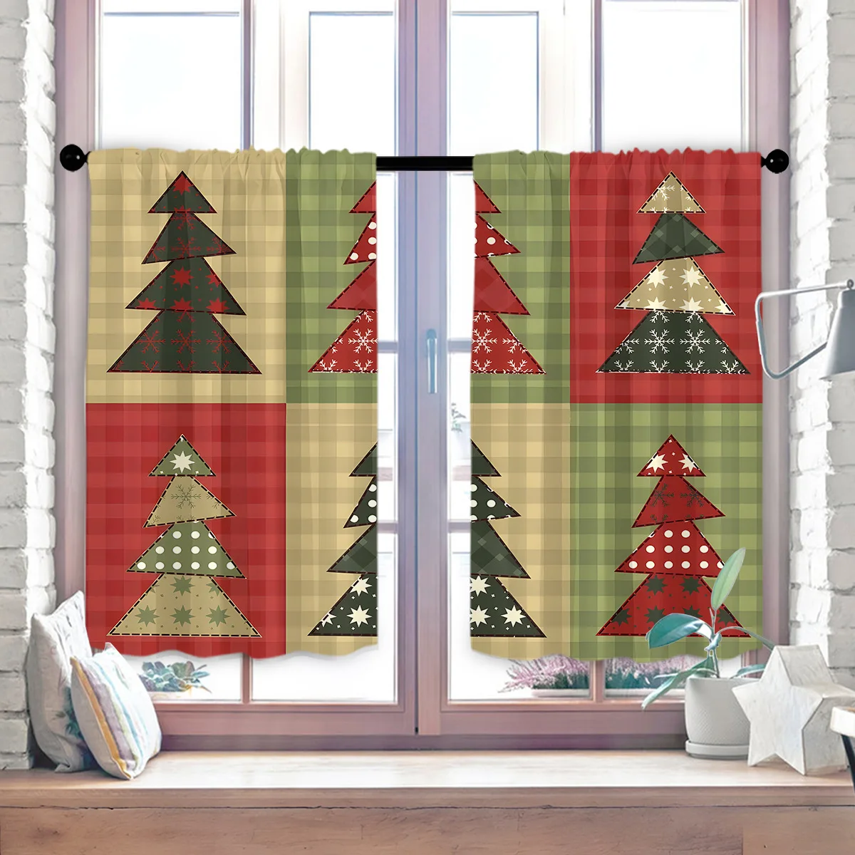 VIKAMA Christmas Kitchen Valance Curtain Waterproof Oil Proof Short Window Tier for Cabinet Bathroom Home Decor