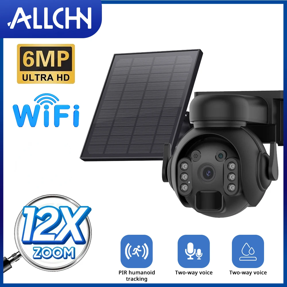 ALLCHN 12x Zoom Wifi Solar Camera 6MP Human Detection Night Vision Security Protection Surveillance Camera Battery Camera