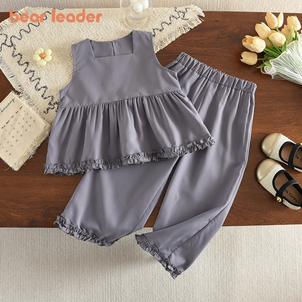 Bear Leader Girl Outfits Summer New Sweet Casual Children's Clothing Girls' Gray Sleeveless Patchwork Top + Pants Two-piece Set