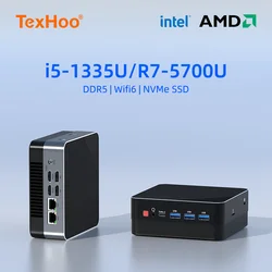 TexHoo 미니 PC 컴퓨터 게임용, AMD Ryzen7 5700U R5 4500U 인텔 코어 i5 1335U CPU, 윈도우 11 프로 NUC 오피스 DDR4 DDR5 NVMe WIFI6