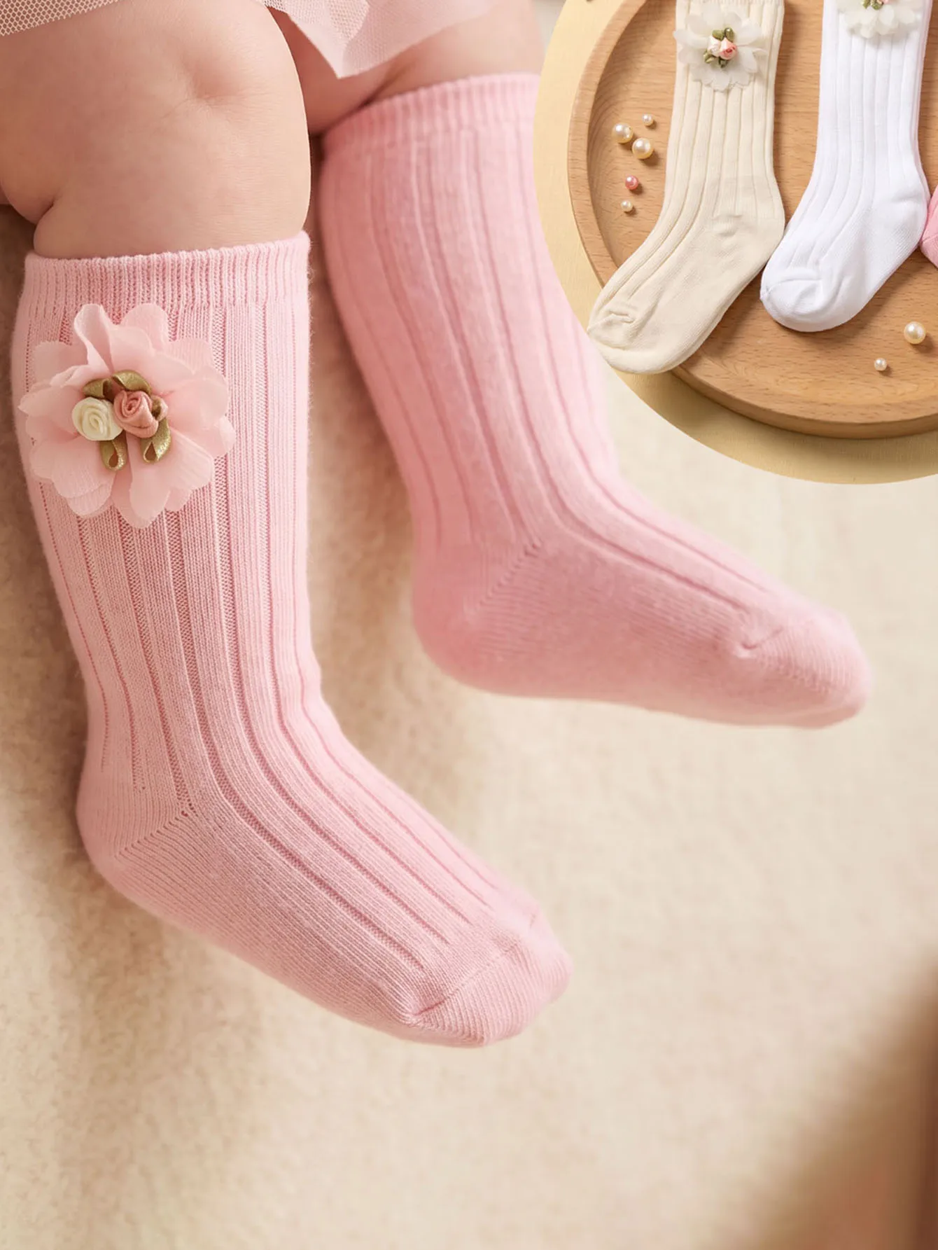 3Pairs 3‑24M Kids Tiny Floral Mid Calf Crew Socks Set, Unisex Boys Girls Multi‑Color Cotton Socks for All‑Season Daily Wear