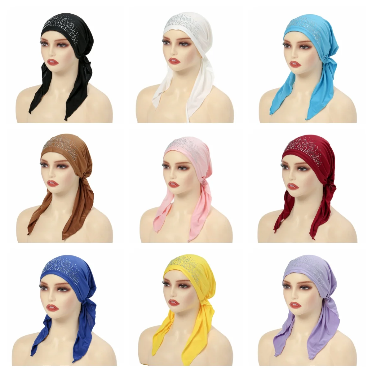 

Women Solid Elastic Crystal Turban Hat Long Tail Stretch Hair Head Wrap Cap