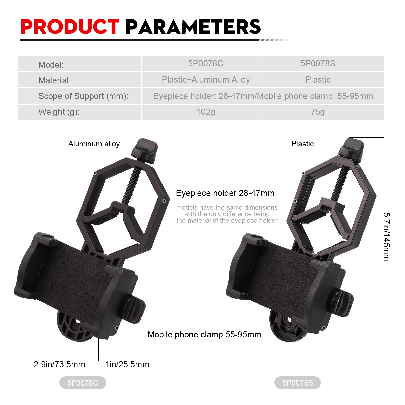 Phone Adapter Universal Cell Phone Mount Clamp Fits 28-47mm Eyepieces for Birdwatching/Telescope/Microscope/Spotting Scope ﻿