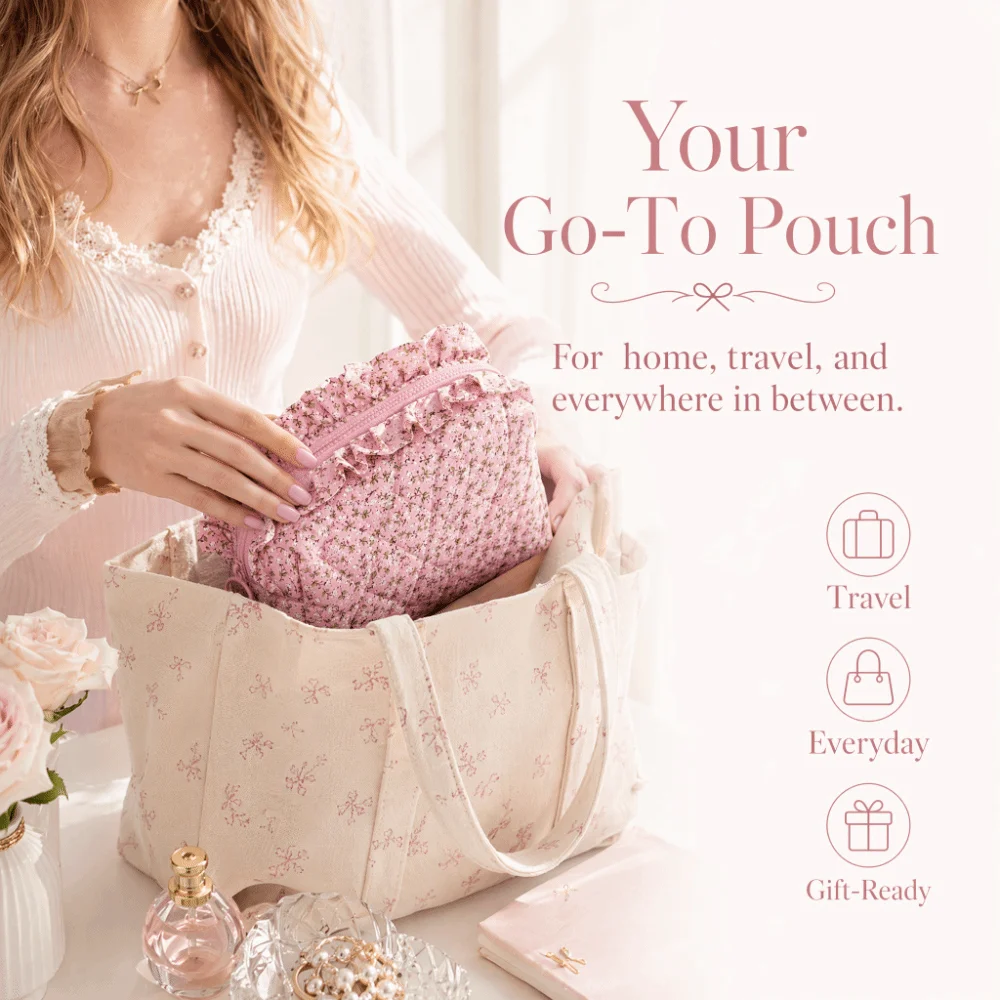 Sweet Bow Floral Print Makeup Bag Large Capacity Quilted Ruffled Edge Pen Bag Zipper Closure Bow Floral Print Cosmetic Clutch