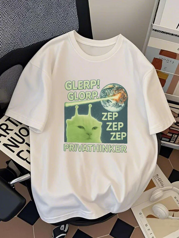 Unisex Casual White Cotton T - Shirt, Funny Alien Cat & Earth Laser Graphic Print, Loose Fit, Breathable, All - Season Streetwear, Humorous Sci - Fi Top