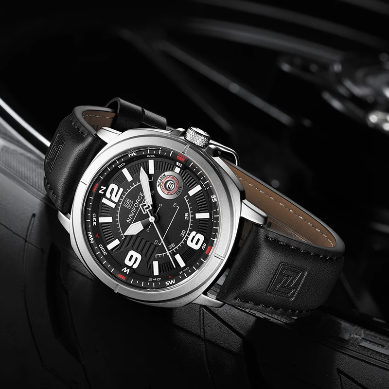 NAVIFORCE 8078 Men's Quartz Watch Luminous Calendar Casual Sports Wristwatch Waterproof with Soft Leather Strap for Daily Wear