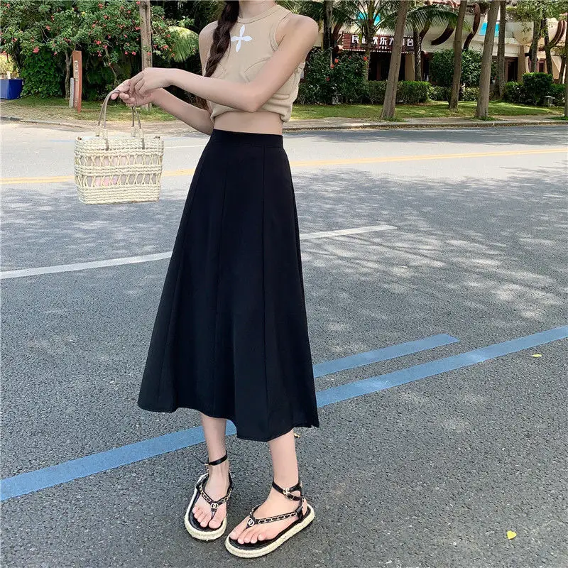 Pink Black Modest Flowy Long Maxi Skirts High Waisted Egirl Flared Clothes A Line Midi Harajuku Basic Plain Chiffon Mujer Faldas