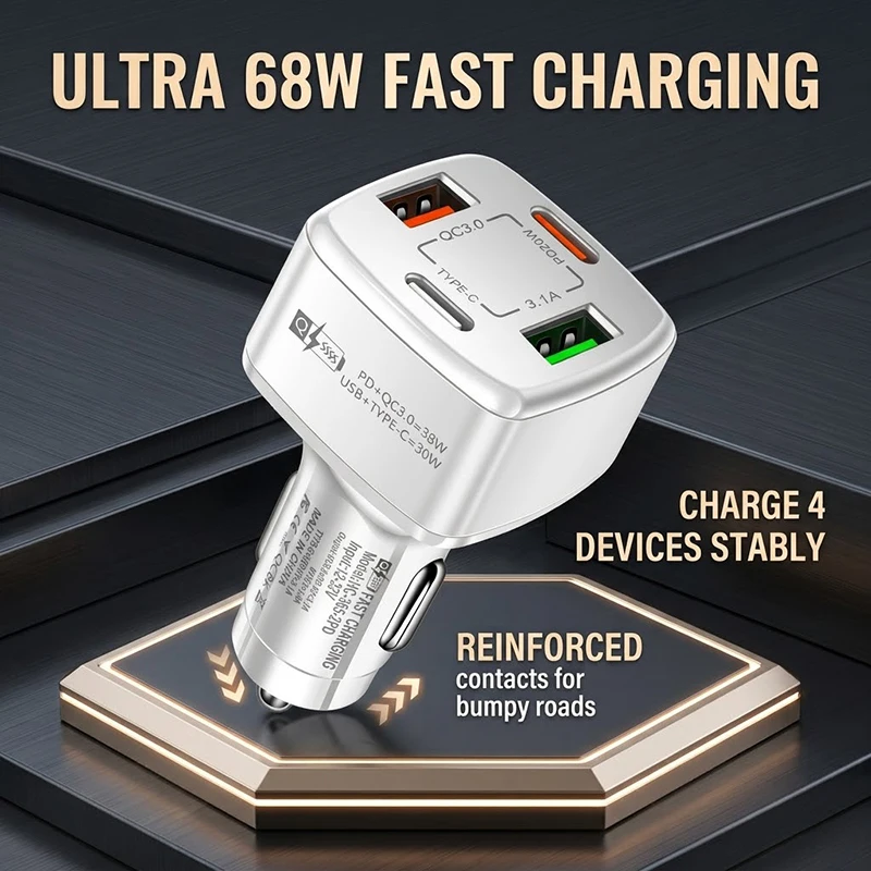 4-Port USB C Car Charger PD 20W QC 3.0 Fast Charging Adapter Multi-Device Type C Auto Adapter PC Metal Fireproof Shell
