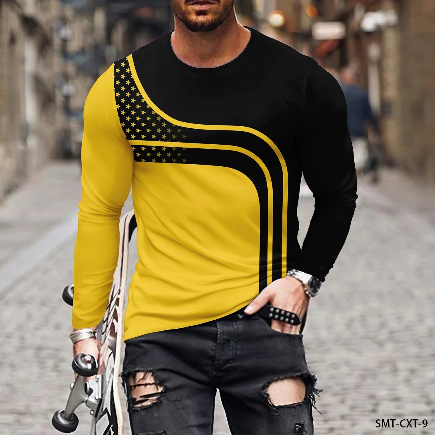 New European Physical Aducation Picture  Men long sleeved T-shirt Casual Printed Tees Hip-hop Personality Round Neck  Tops