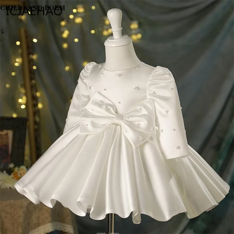 ICJAEHAO Baby Girl 1st Birthday Outfit Party And Wedding Gowns Clothes Pearl Long Sleeve Baby Baptism Bow Tutu Princess Dress