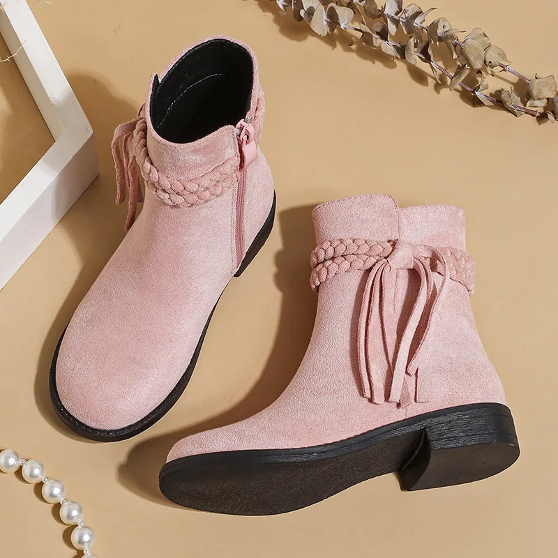 

Autumn Winter Girls Warm Leather Boots Children Fashion Breathable Kids Ankle Boots Little Princess Wedding Shoes Braided Style