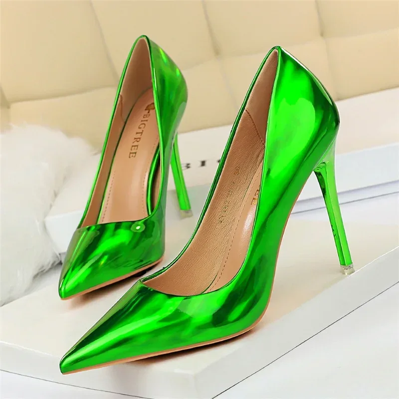 Plus Size Women Patent Leather 10.5cm High Heels Club Pumps Lady Luxury Shiny Stripper Stiletto Blue Green Wedding Dress Shoes