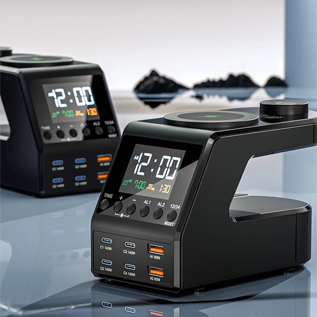 

Зарядная станция 240 Вт, 4×140 Вт, PD3.1, PPS, USB Type-C, беспроводное быстрое зарядное устройство для MacBook, iPhone, с будильником и отображением времени