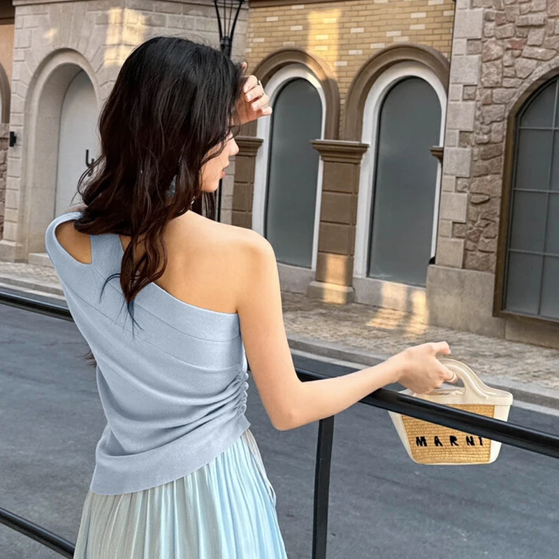 Gilet con coulisse con spalle scoperte irregolari Top estivi da donna senza maniche per le vacanze