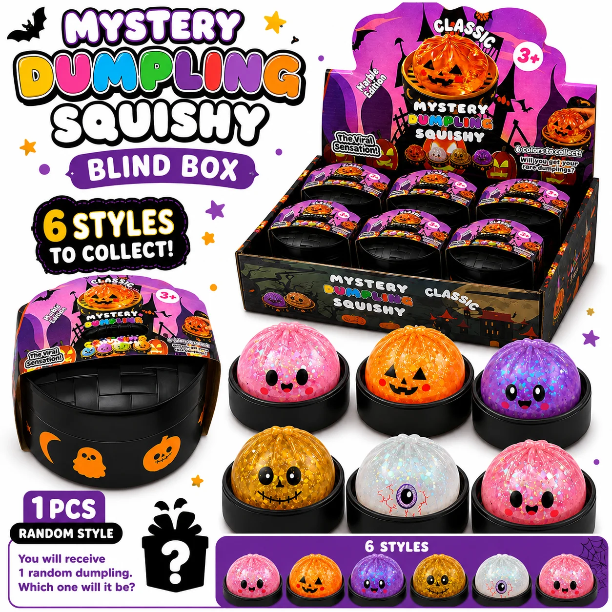 Zufällige Halloween-Teigtaschen-Squishies 1-5 Stück Blindbox Bunte Kunstlebensmittel Langsam Rückfedernde Quetsch-Sensorik-Fidgets zur Stresslinderung Dekoration – Detail 1
