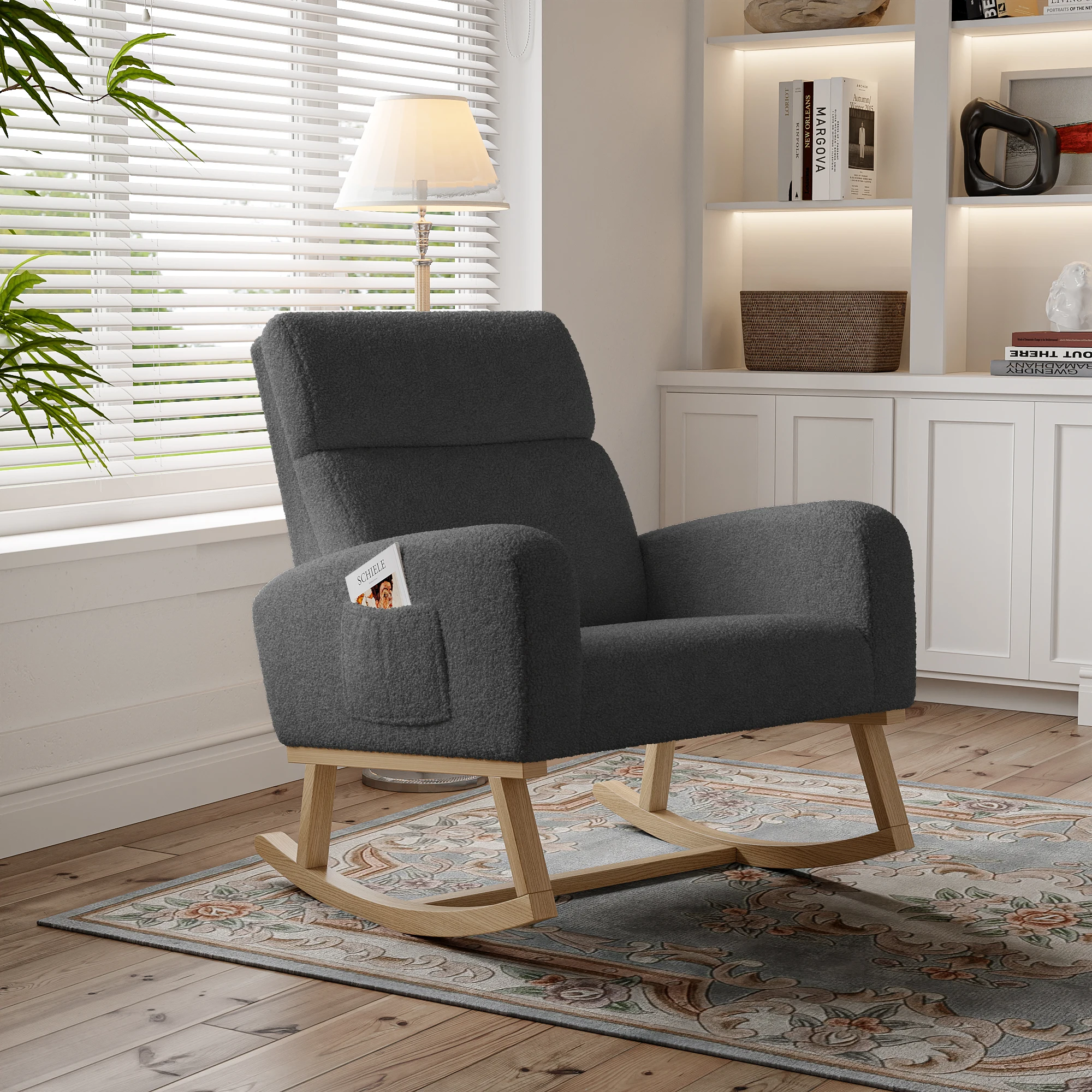 Modern Casual Dark Grey Wool Sheepskin Rocking Chair, Solid Wood Legs Armrest Rocking Chair with Side Pockets for Living Room