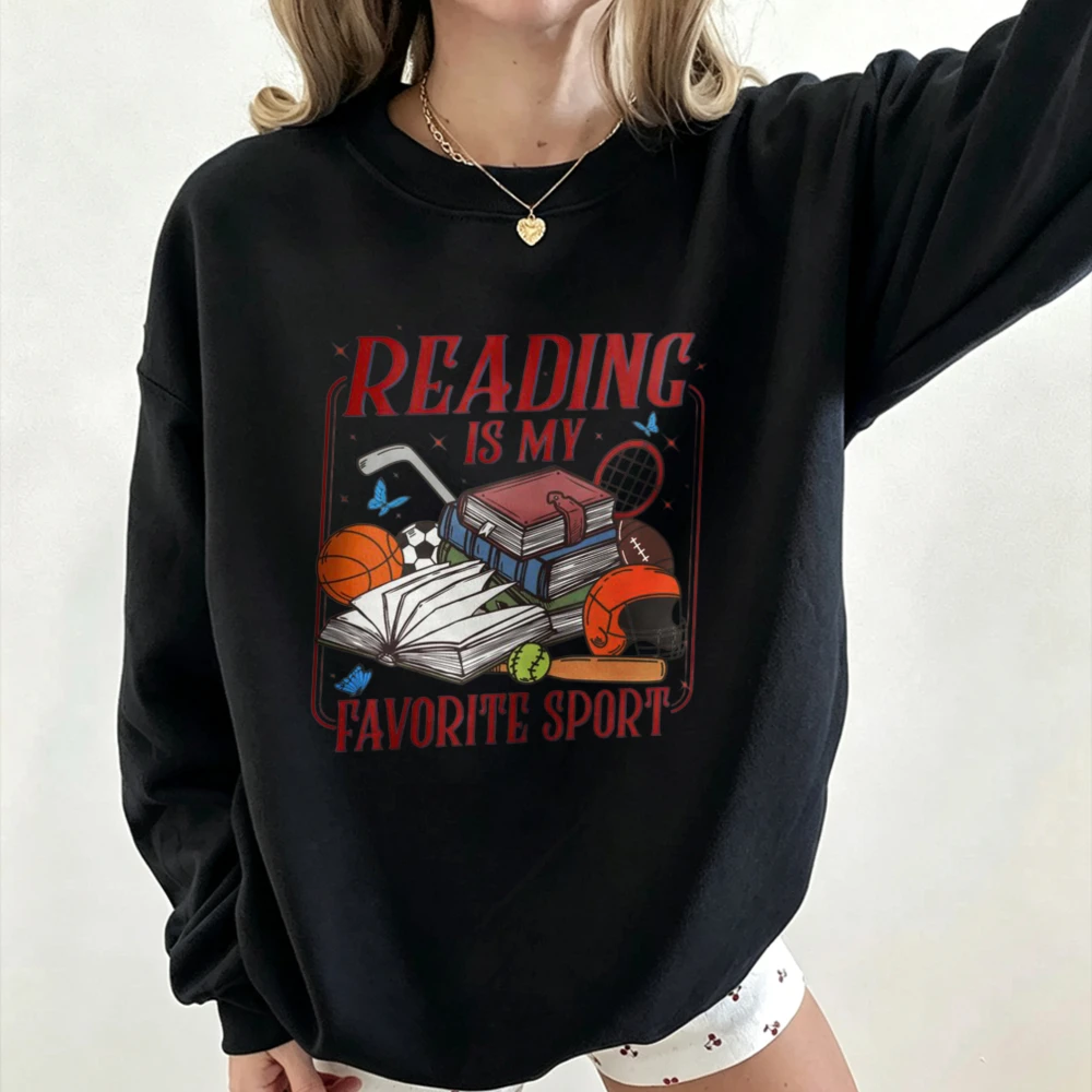 Book and Sports Lover Crewneck Sweatshirt Reading Is My Favorite Sport Multi Sport Balls Open Book Retro Art Pullover Sweatshirt