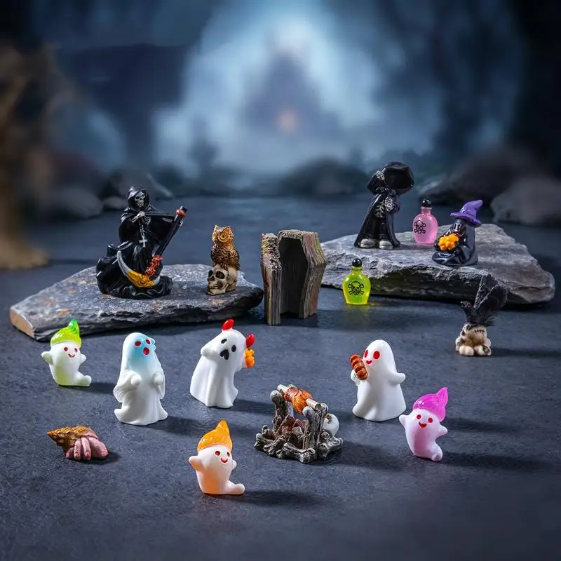 Halloween Tabletop Decor Mini Resin Bone Skull Coffin Chair Ghost Statue Scary Party Ornament