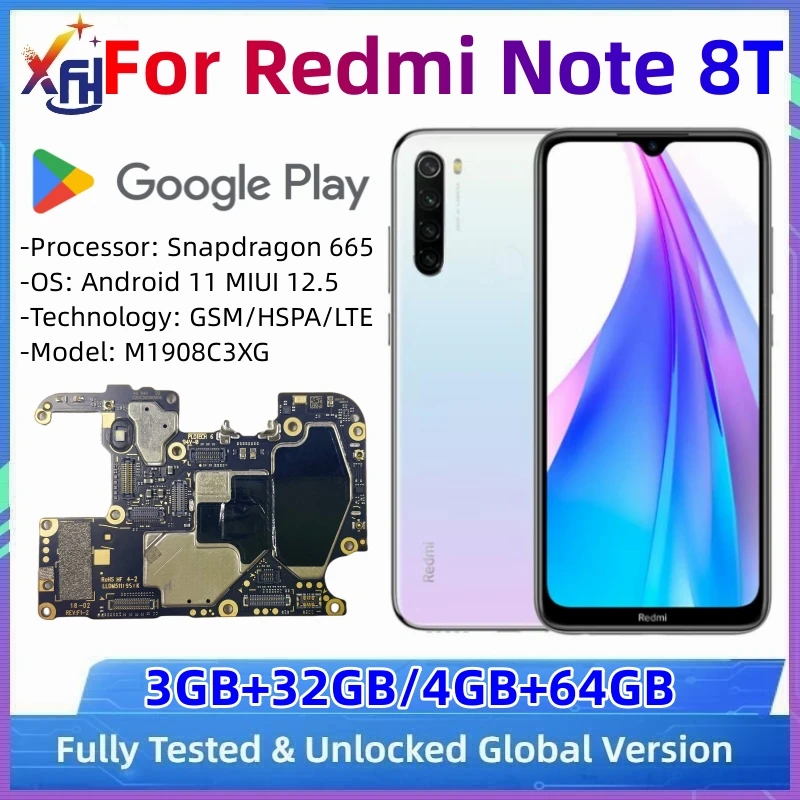 Motherboard-PCB-Modul für Redmi Note 8T, M1908C3XG, 32GB 64GB ROM, entriegeltes Mainboard, mit Snapdragon 665 Prozessor