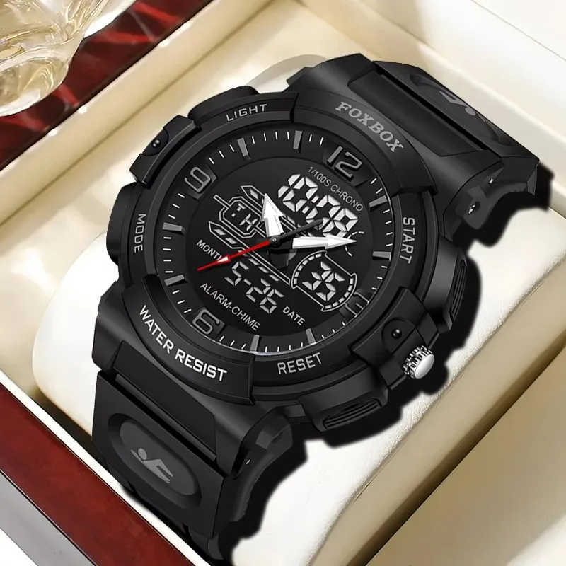Novo foxbox relógio eletrônico masculino moda à prova dwaterproof água luminosa quartzo alarme semana casual esporte data automática duplo display digital relógios