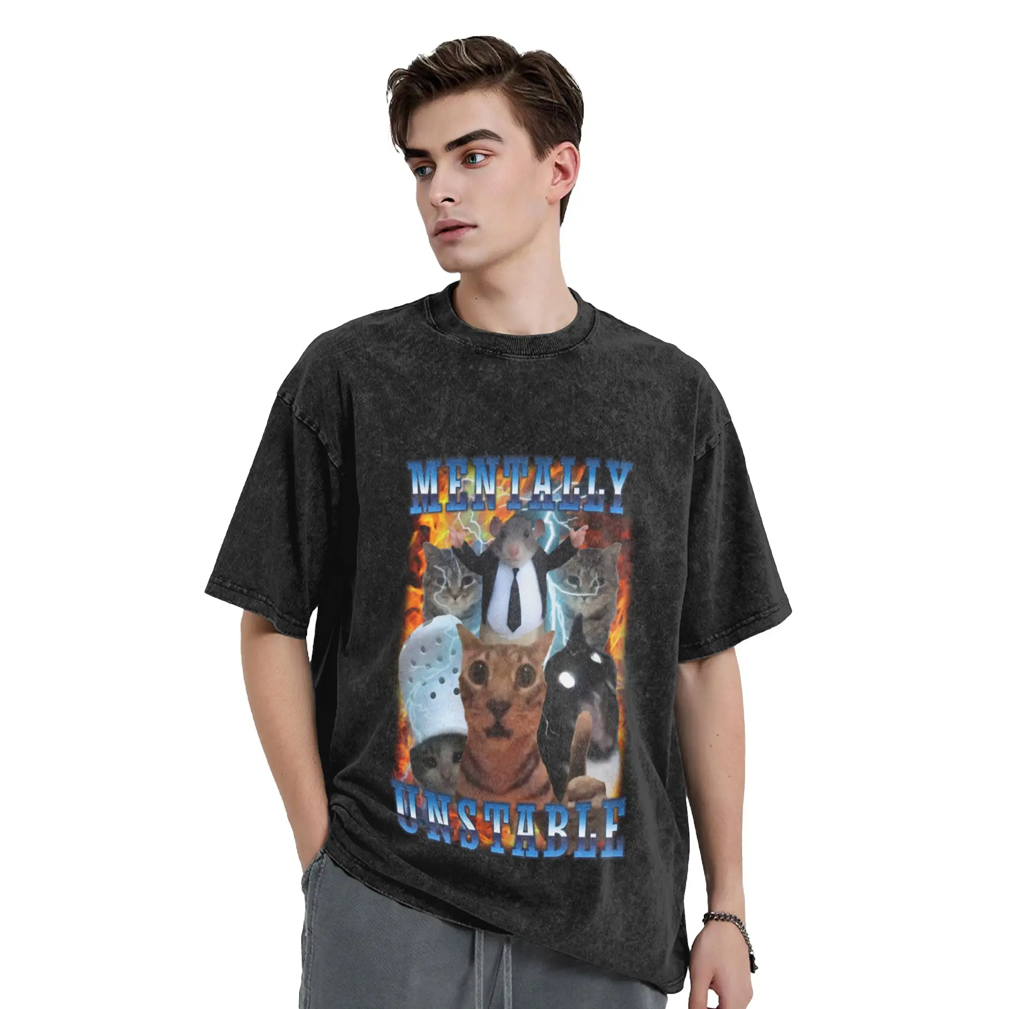 mentally unstable funny cat meme Classic Stylish A Vintage Oversized Cotton Unisex T-Shirts