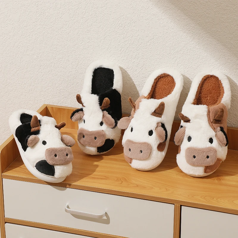 New Winter Unisex Cartoon Cow Warm peluche pantofole coppia Indoor antiscivolo House Slides uomo e donna Toe Wrap Home Cotton Shoes