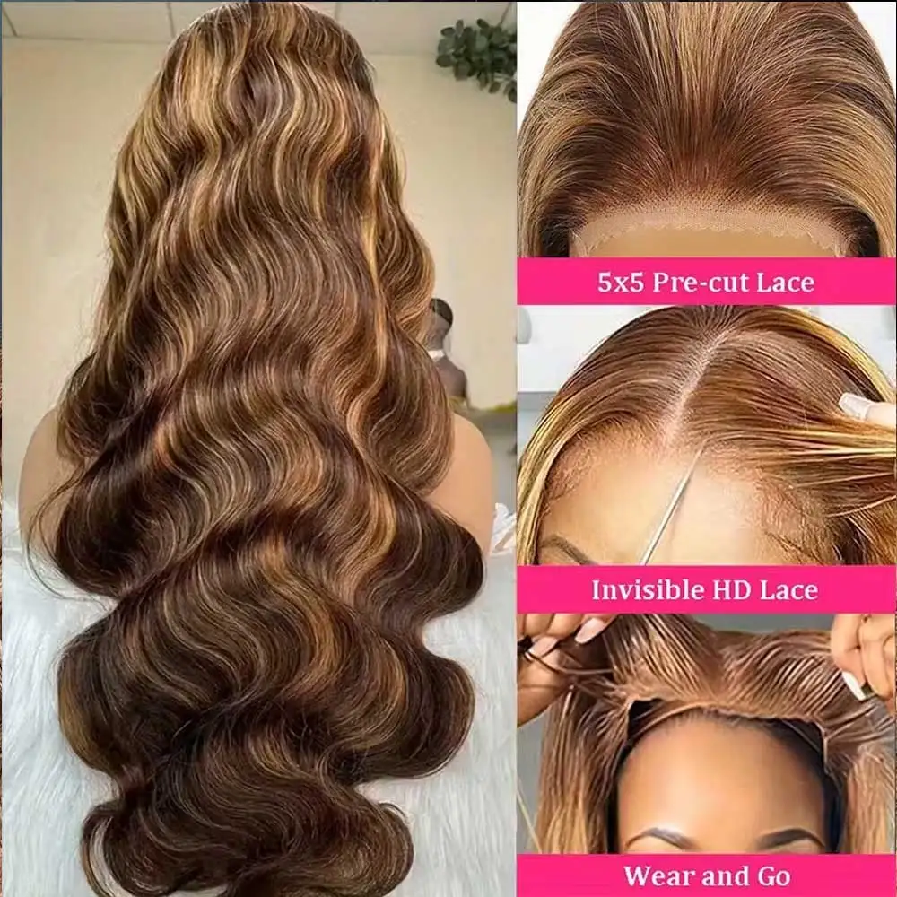 13x4 تسليط الضوء على HD الدانتيل أمامي الجسم موجة خصلات الشعر المستعار الإنسان 30 بوصة اللون البني 4/27 الجسم مجعد الدانتيل الجبهة خصلات الشعر المستعار الإنسان للنساء