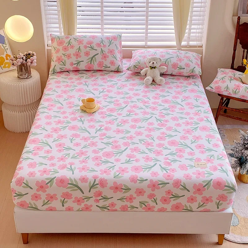 

Pink Flowers Fitted Sheet Set Floral Style Cotton Bed Cover with Pillowcases Home Elastic Bedsheet Skin-friendly Thick Bed Linen