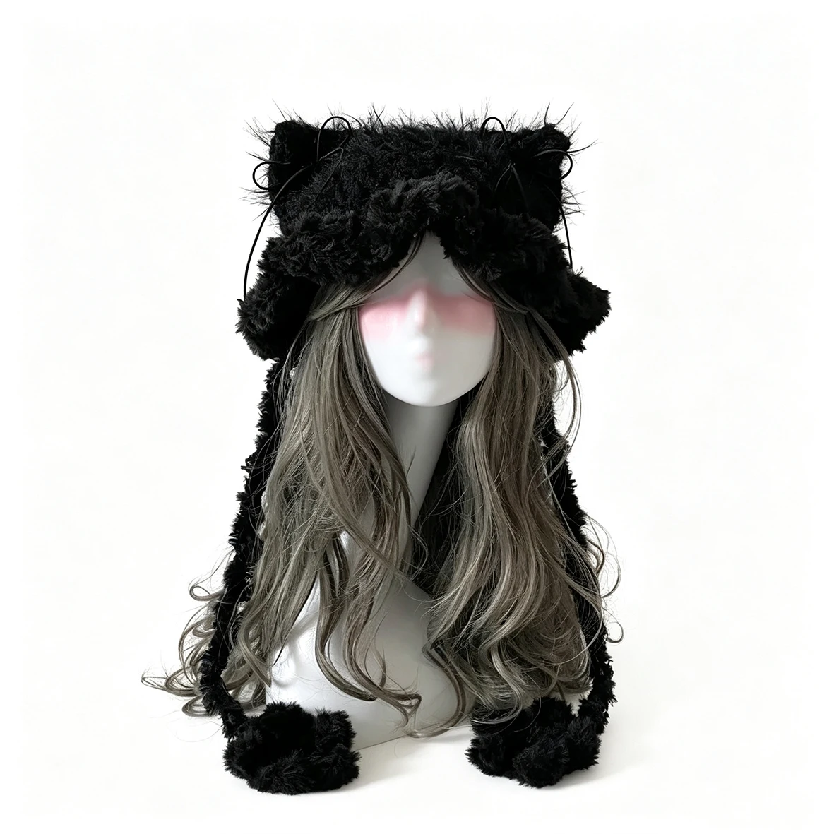 Custom Handmade Crochet Black Cat Ear Fuzzy Hat Men Winter Paw Knit Beanie Women Goth Goblincore Kawaii Casual Warm Headwarmer