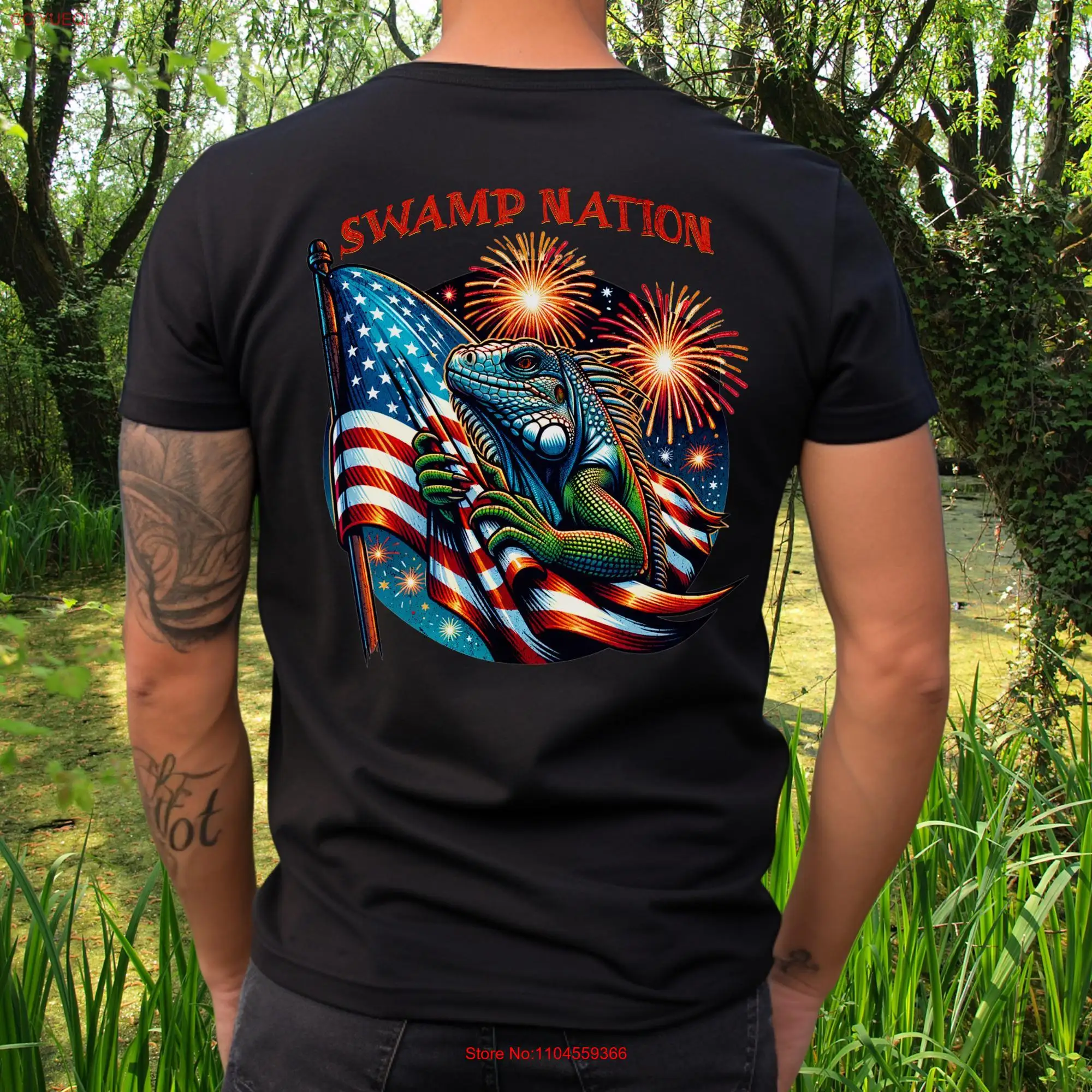 Patriotic Swamp T Shirt Iguana Lizard USA America Firework tee long or short sleeves