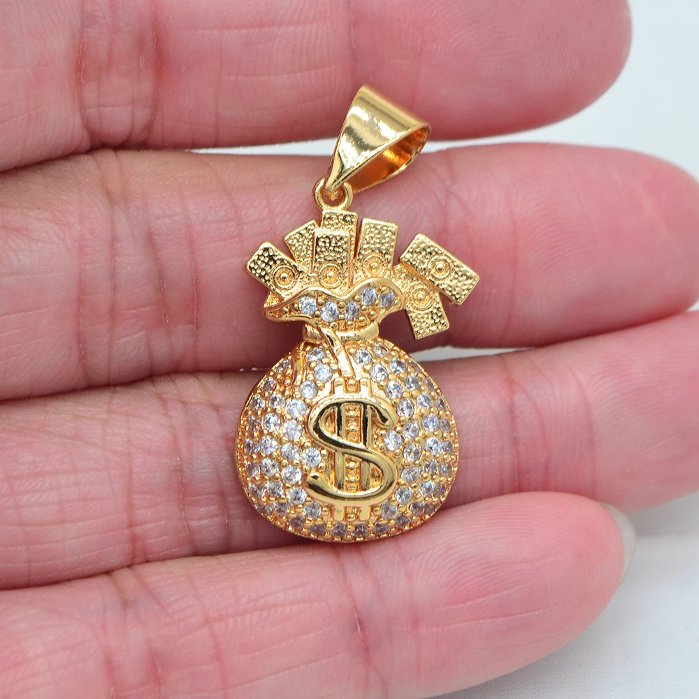 High Quality Gold Color Clear Cubic Zirconia Hip Hop Money Bag Dollar Sign Pendant Jewelry