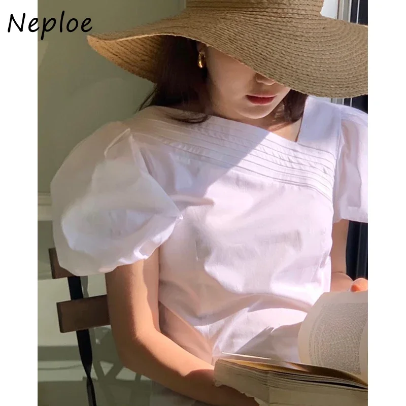 Neploe Korean Summer Simple All-Match Blouse Femme Slanted Collar Irregular Pleated Design Blusa Solid Color Puff Sleeve Shirt