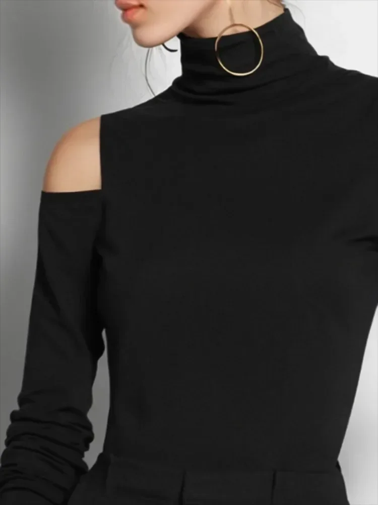 Bonboho Solid Black Hollowed Cold Shoulder T-shirt High Neck Long Sleeves Slim Fit Shirt Cotton-blend Pullovers Tops for Women