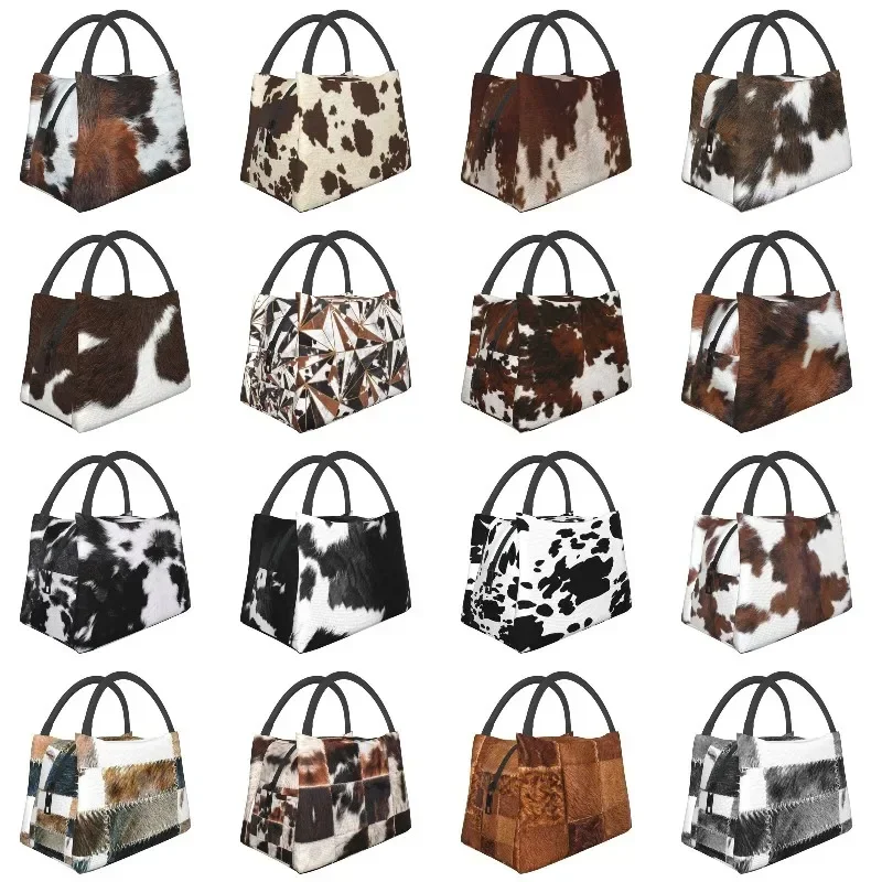 Scottish Highland Cow Cowhide Texture Thermal Insulated Lunch Bag Animal Hide Leather Lunch Container for Picnic Meal Food Box