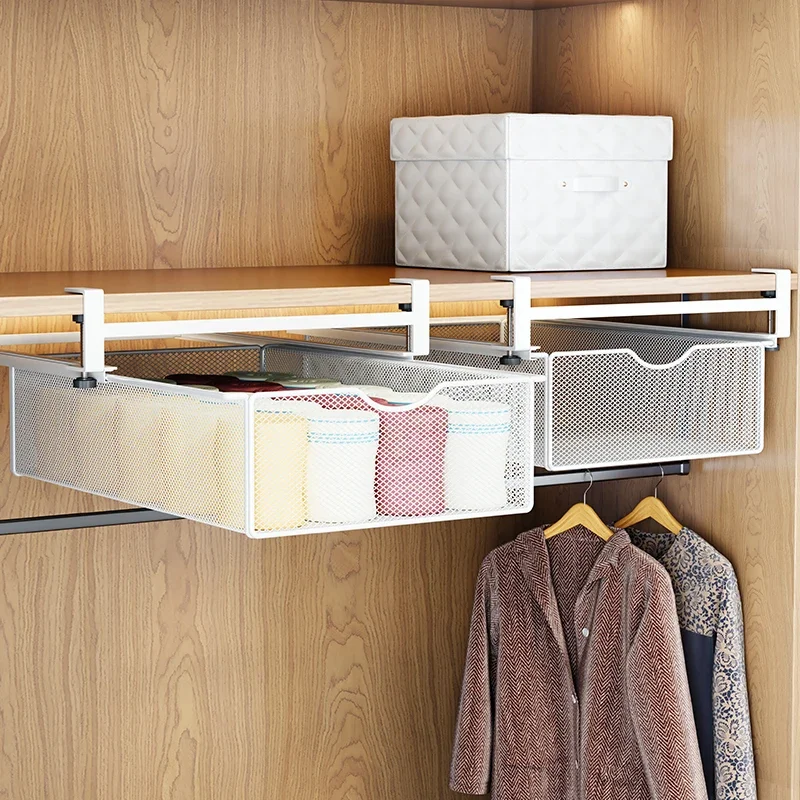 Metal Mesh Wardrobe Pull-Out Basket Partition Shelf Hanging Storage Rack No-Drill Clothes Underwear Socks Tie Belt Organizer
