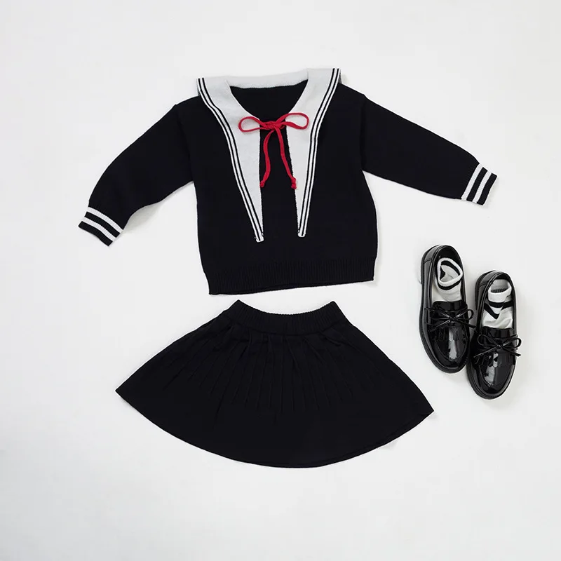Girls Knitted Set Autumn Winter New Naval Academy Style Knitted Set Top Skirt Nine Leg Pants Two Piece Set