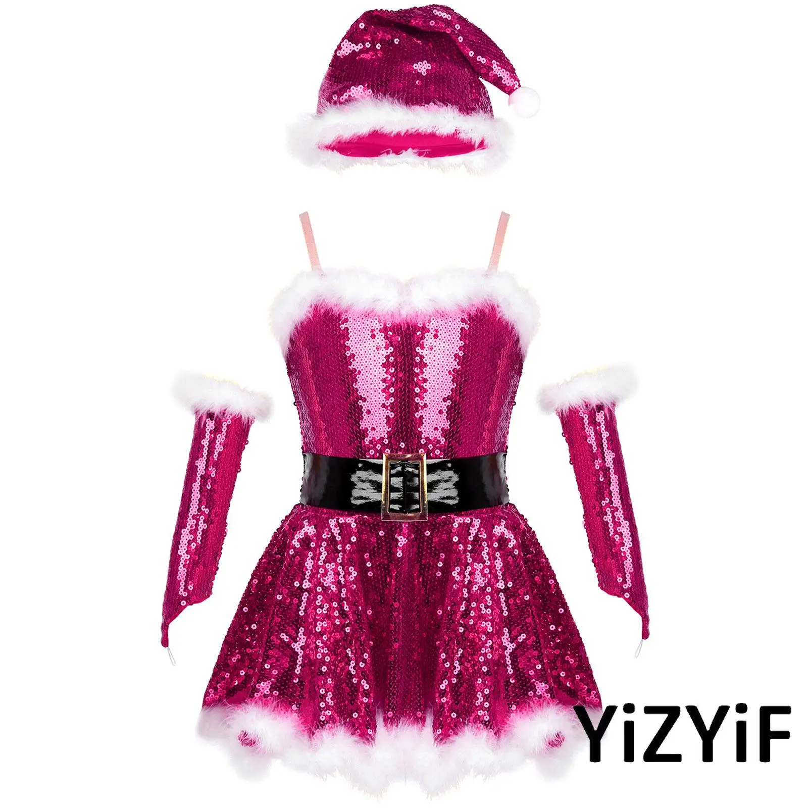 

Girls Mrs Santa Claus Party Fancy Dress Up Christmas Costume Sequins Figure Ice Skating Ballet Dance Leotard Dress with Hat Arm
