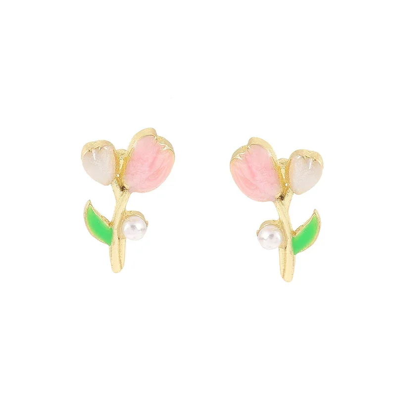 Trend Pink Tulip Flower Imitation Pearl Stud Earrings for Female New Sweet Temperament Jewelry Wholesale Girl Gift