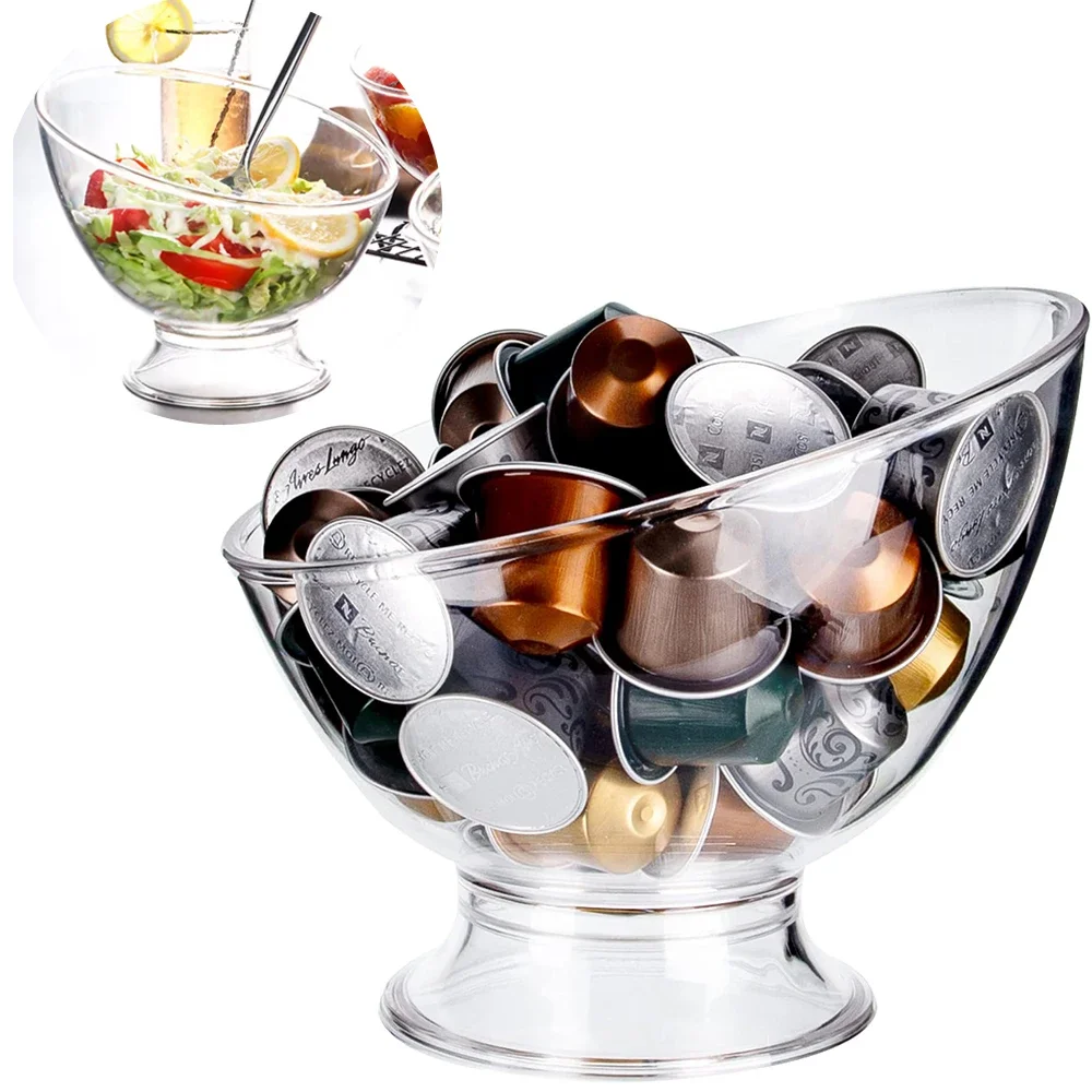 1PC Coffee Pod Holder Clear Slant Salad Bowl Plastic Coffee Capsule Organizer Slant Cut Tilted Snack Salad Fruit Dish Decor Bowl