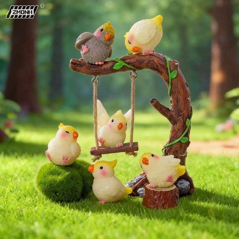 H 6PCS Cute Cartoon Cockatiel Ornaments Horticultural Plant Animal Resin Handicraft Birds Models DIY Home Garden Decoration