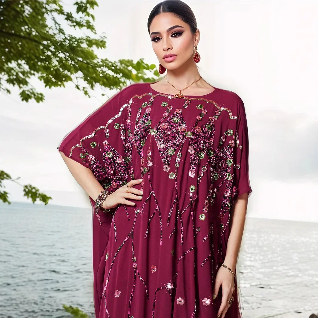 

Женские повседневные модные свободные элегантные церемониальные платья с короткими рукавами и вышивкой блестками, новинка 2025 года, модные мусульманские платья на Ближнем Востоке
