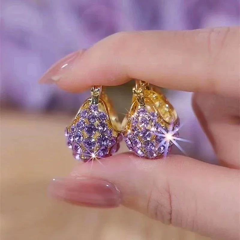 

Hollow Purple Full Rhinestone Basket Earrings for Women New Fashion Elegant Exquisite Temperament Ladies Wedding Party Jewelry