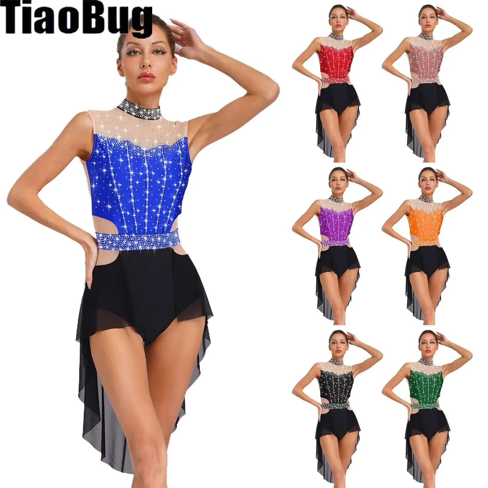 

Women Lyrical Jazz Dance Skirted Leotard Mock Neck Sleeveless Backless Shiny Rhinestones Color Block Mesh Patchwork Dress