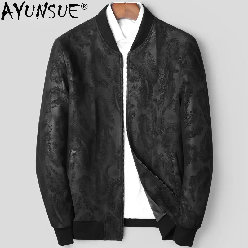 

AYUNSUE Autumn Real Sheepskin Leather Jacket Men Genuine Coat Male Short Black Printed Jackets Casual Jaqueta Masculina