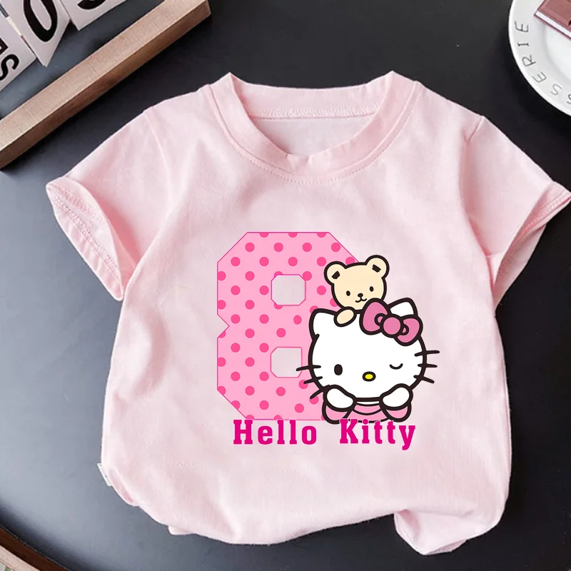 Hello Kitty T Shirt Pink Sanrio Number Baby Clothes Boy Girls Cartoon Cotton T Shirt Summer Anime Infant Short Sleeve Tees Gifts