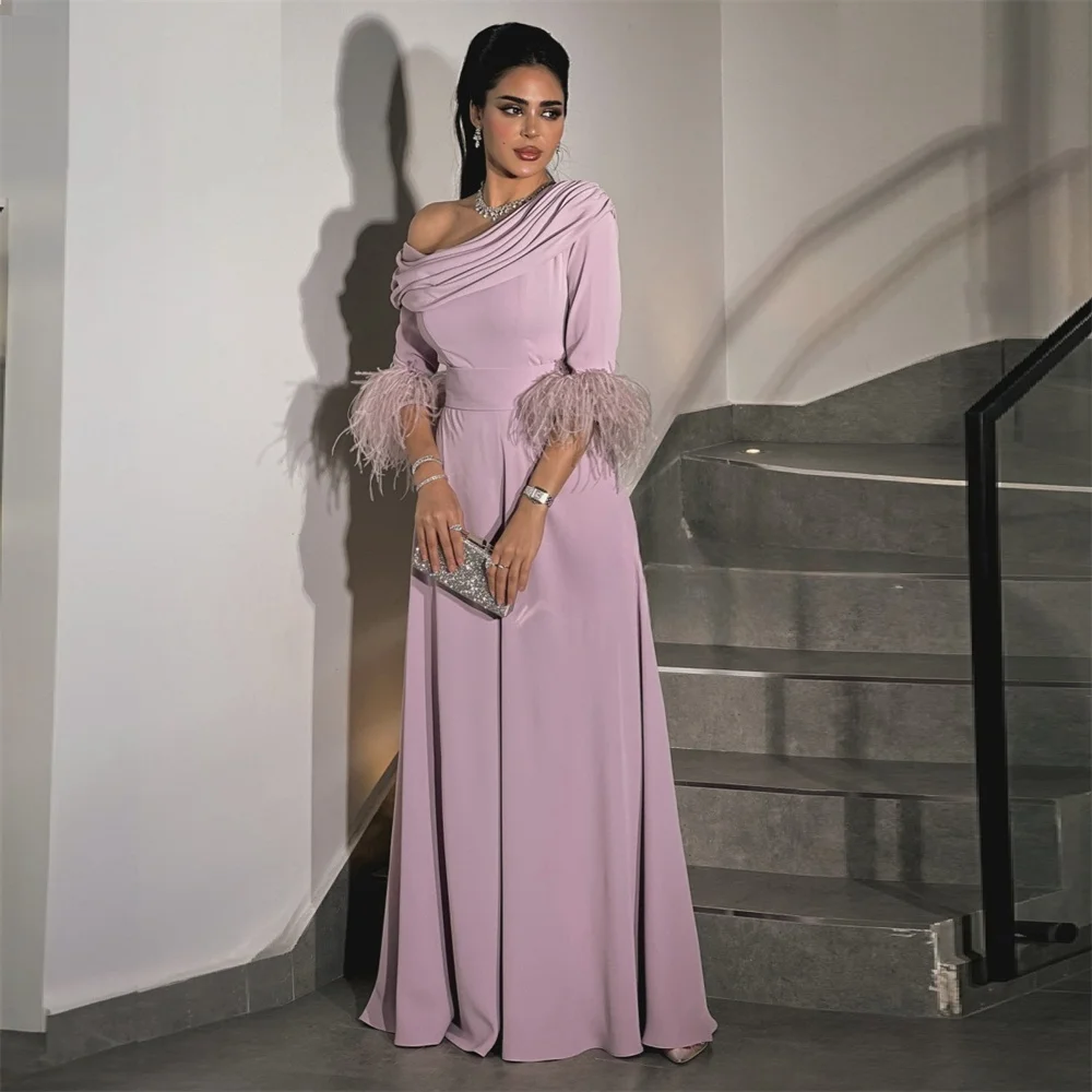 

Saudi Arabia Evening Gown Dearin Off-the-shoulder A-line Floor Length Skirts Fold Draped Tulle Feather Bespoke Occasion Dresses