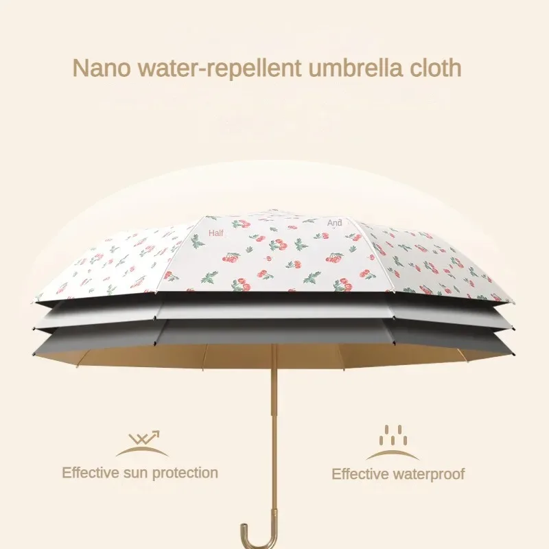 Sunshade Umbrella for Women, Convenient Hook Handle Color Coating 3 Folding, Mini Ultra-light Sun Uv Rain Umbrellas Parasol