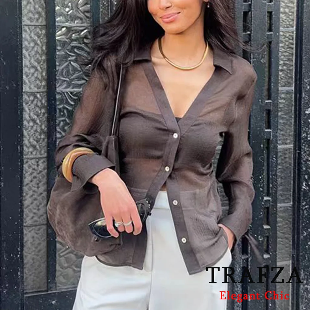 

TRAFZA Women Elegant See-Through Shirt V-neck Long Sleeve Shirt New 2025 Spring Summer Fashion Commuter Office Lady Mujer Shirt